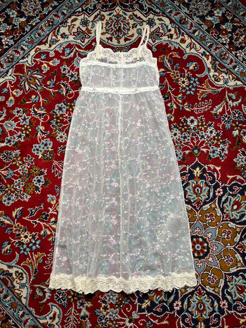 Heather Sheer Mesh Floral Embroidered Cami White Dress - S