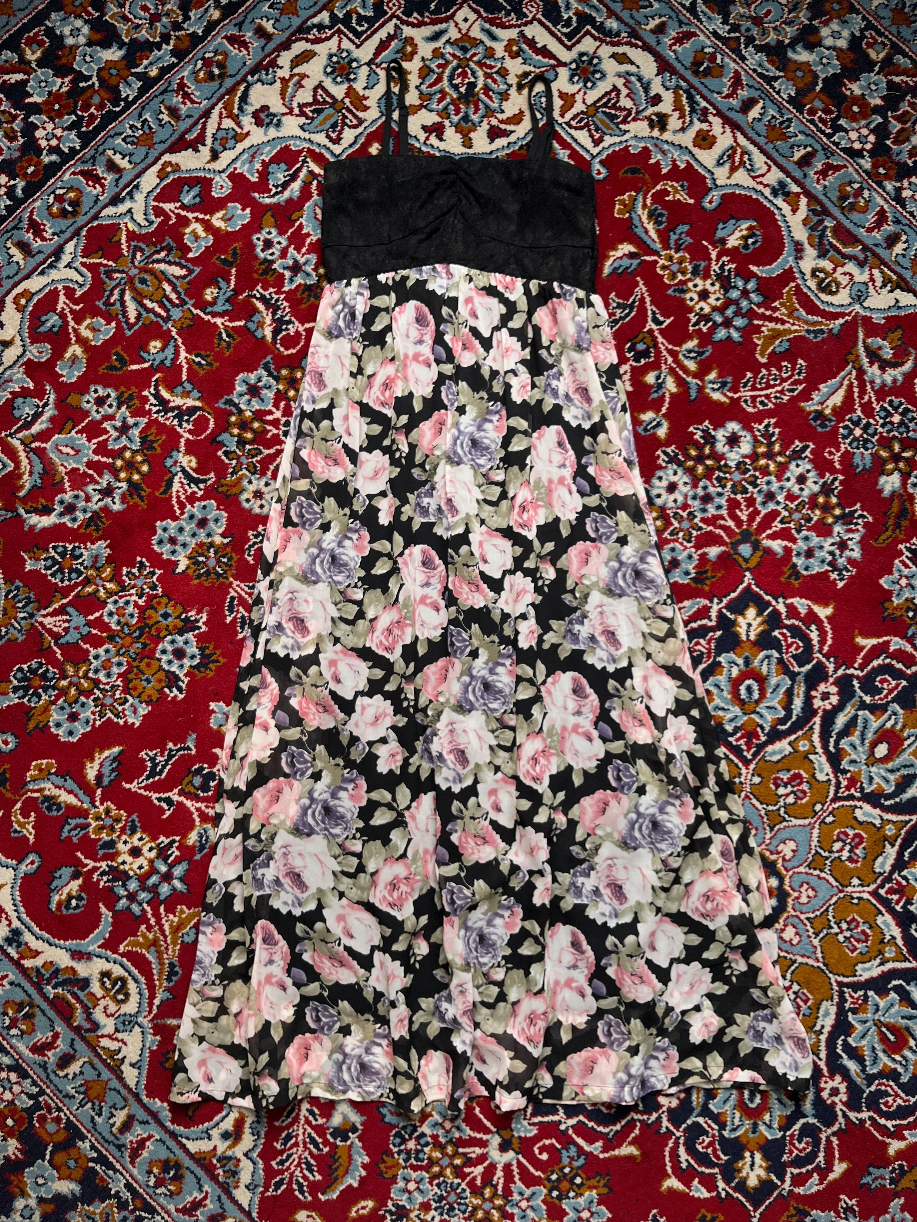 Vintage Floral Chiffon Cami Black Lace Dress - S