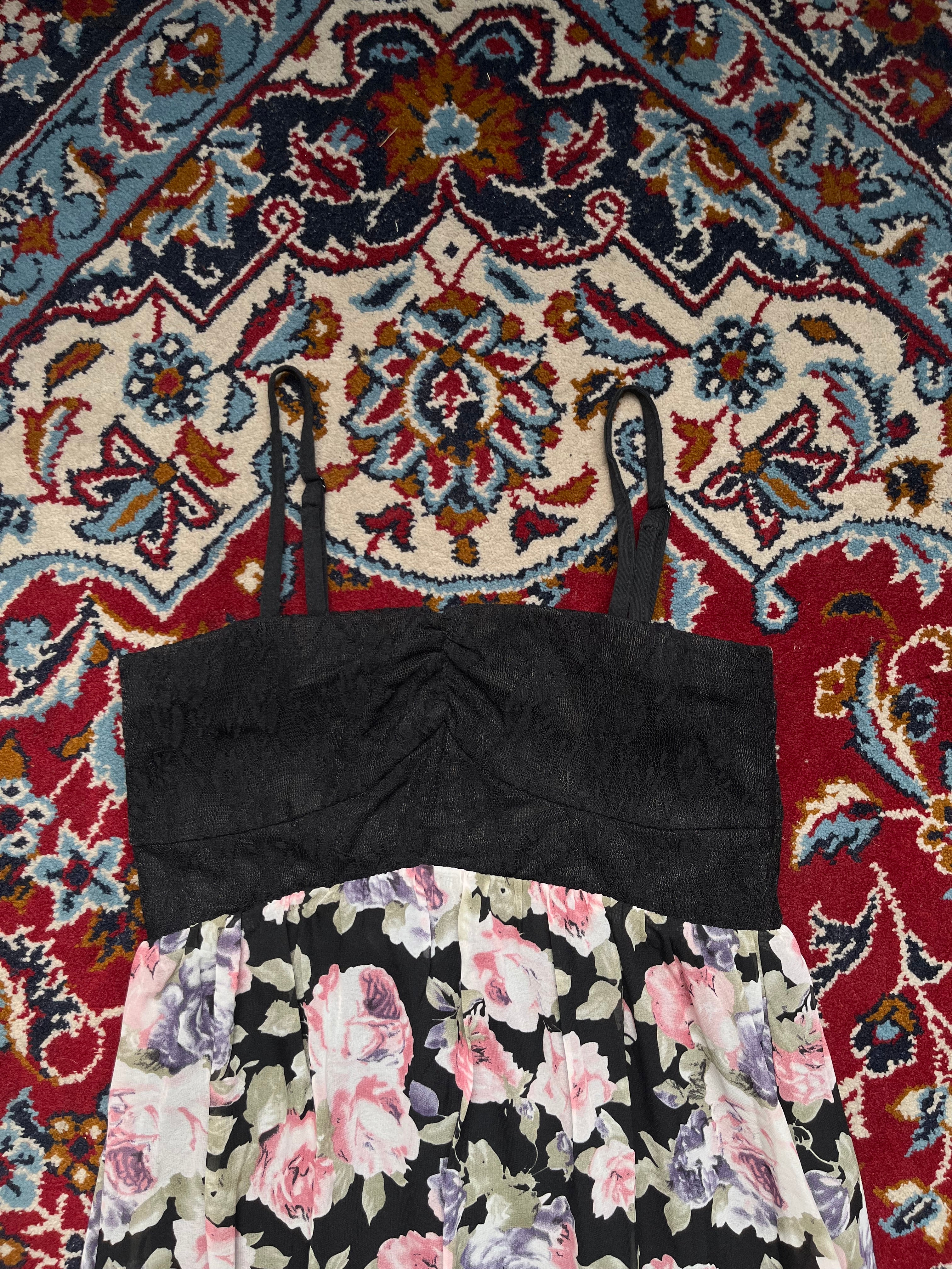 Vintage Floral Chiffon Cami Black Lace Dress - S