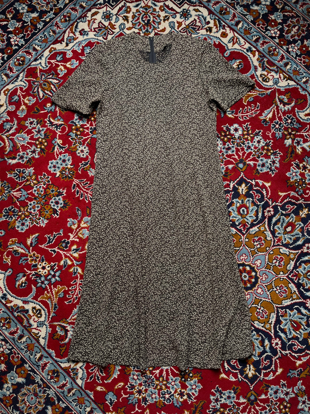 Vintage Micro Floral Leaf Print High Neck Dress - L