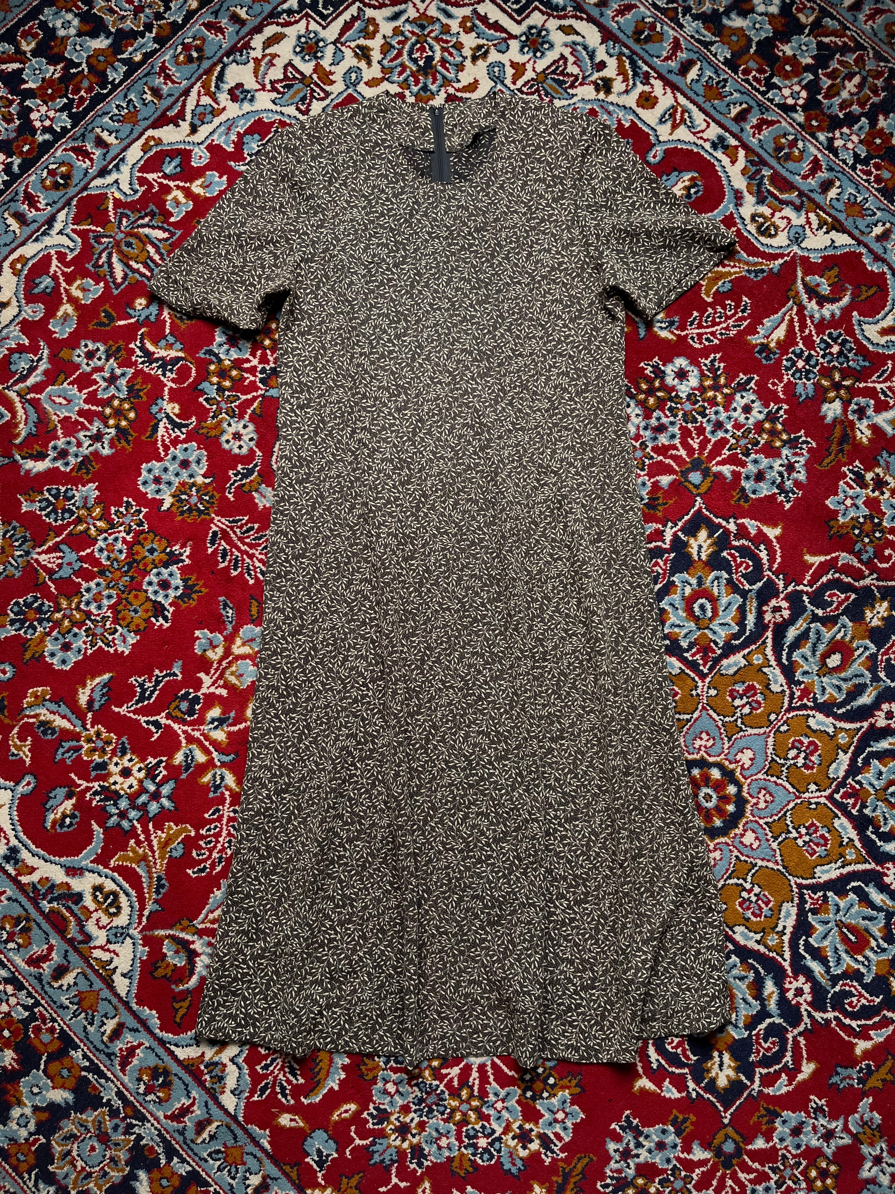 Vintage Micro Floral Leaf Print High Neck Dress - L