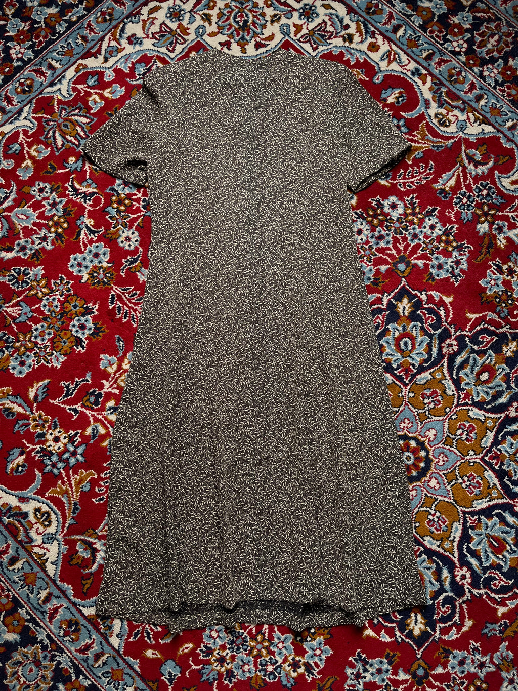 Vintage Micro Floral Leaf Print High Neck Dress - L