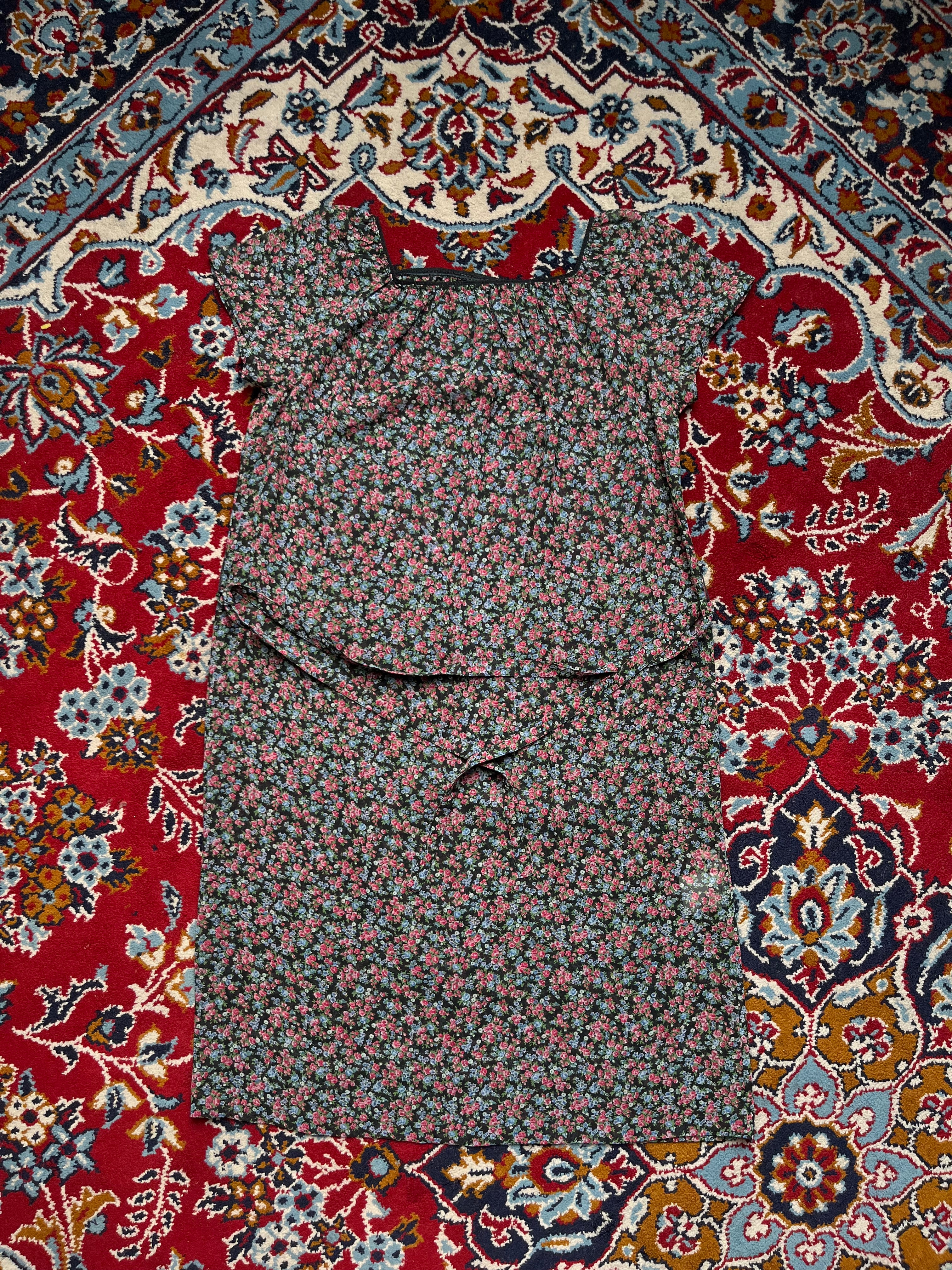 Vintage Micro Floral Print Square Neck Dress - M