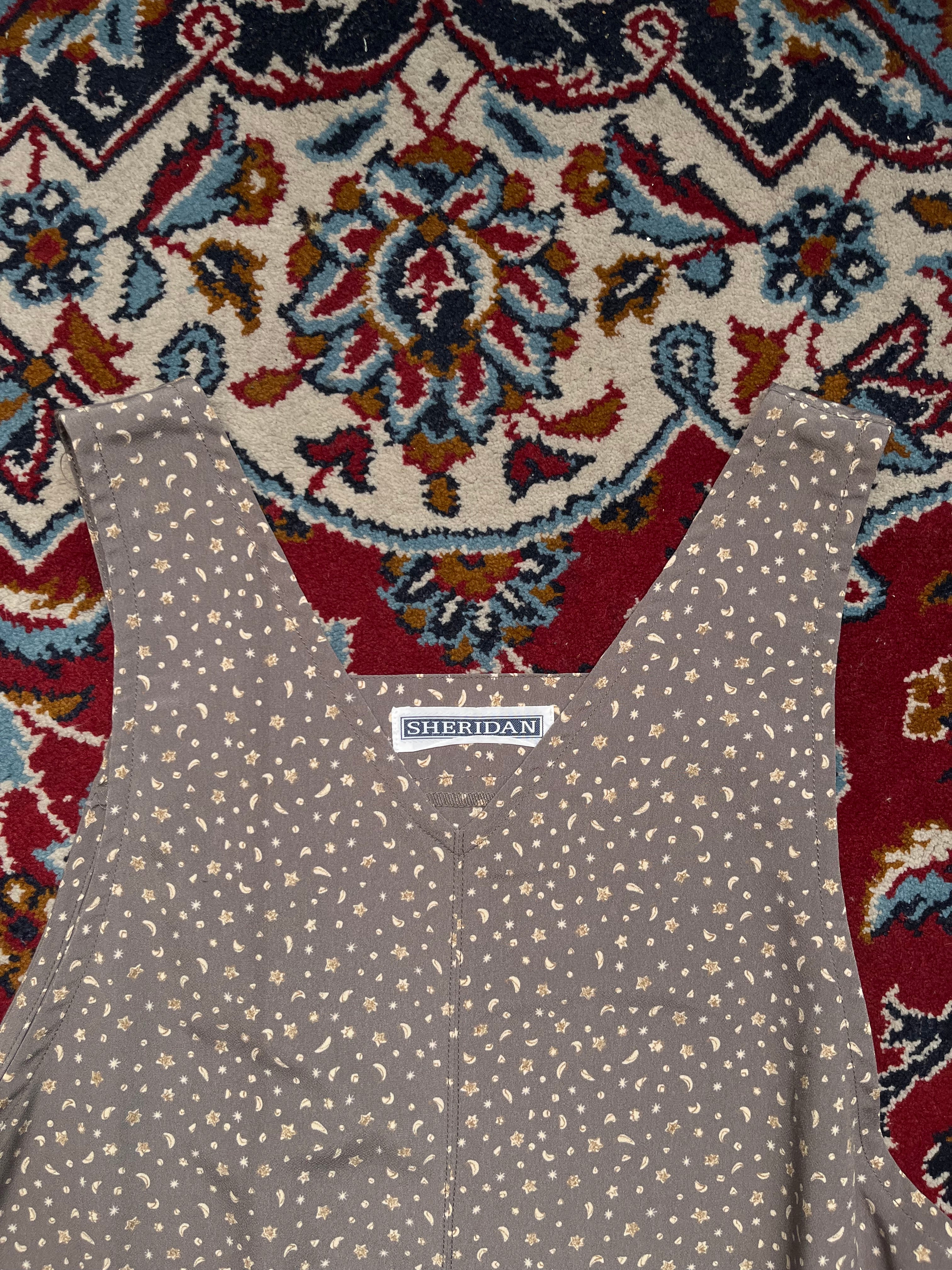 SHERIDAN Vintage Celestial Star Moon Print Grey Dress - L