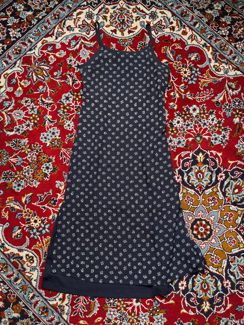 Vintage Japanese Floral Ditsy Print Layered Dark Navy Strap Cami Dress - M