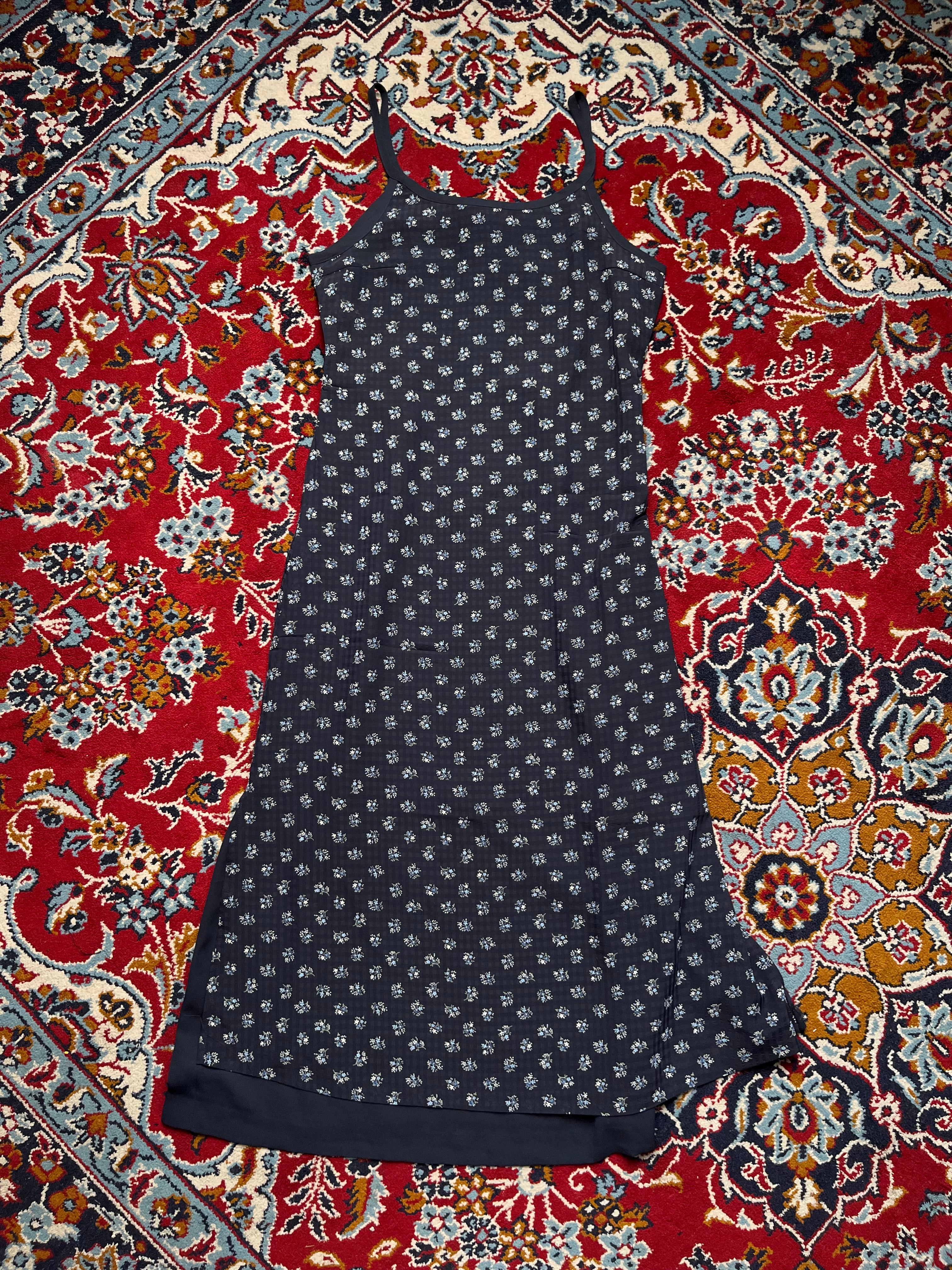 Vintage Japanese Floral Ditsy Print Layered Dark Navy Strap Cami Dress - M