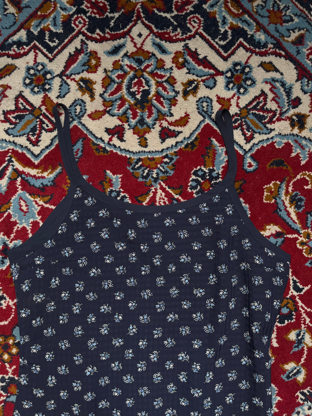 Vintage Japanese Floral Ditsy Print Layered Dark Navy Strap Cami Dress - M