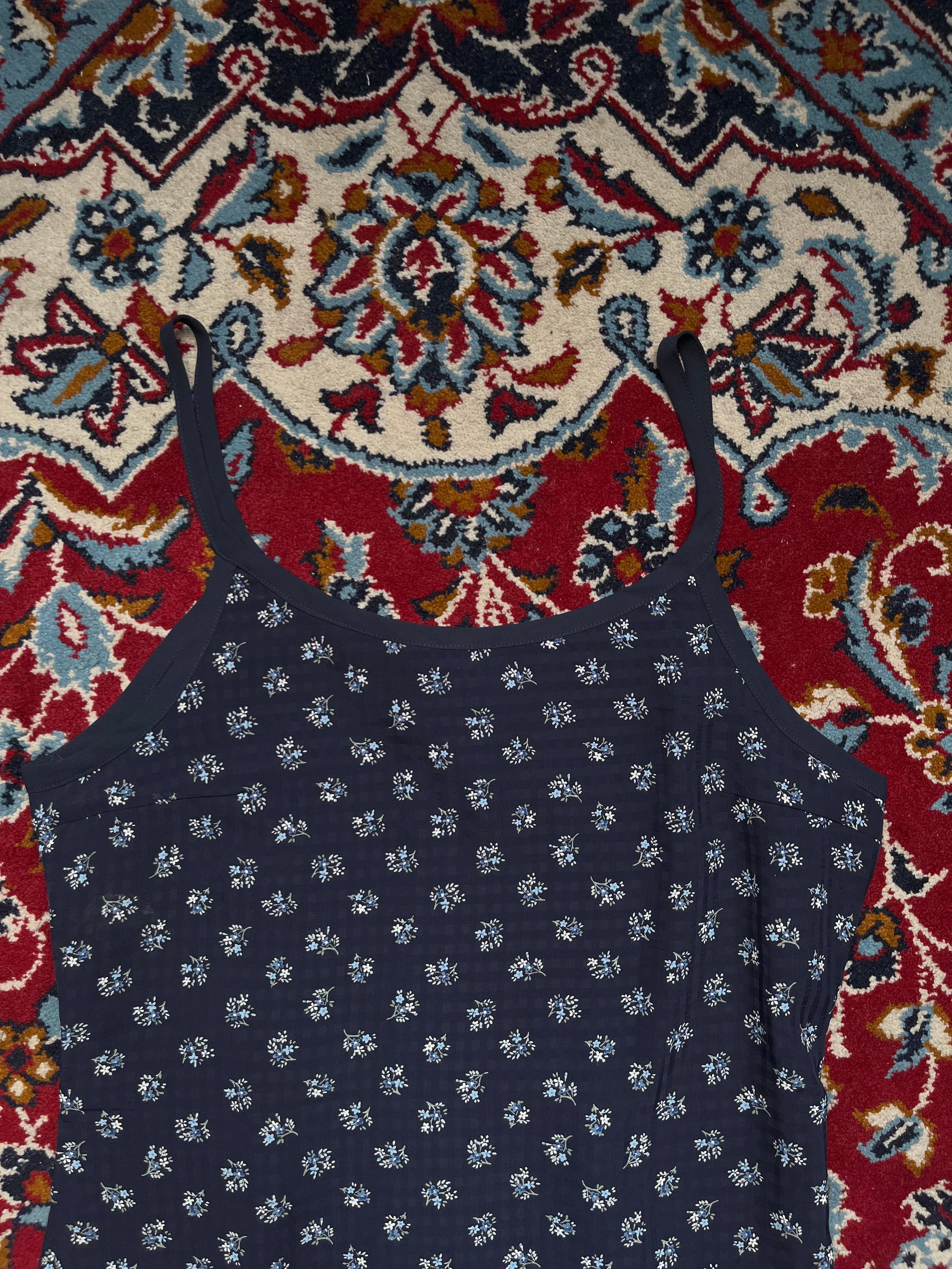 Vintage Japanese Floral Ditsy Print Layered Dark Navy Strap Cami Dress - M