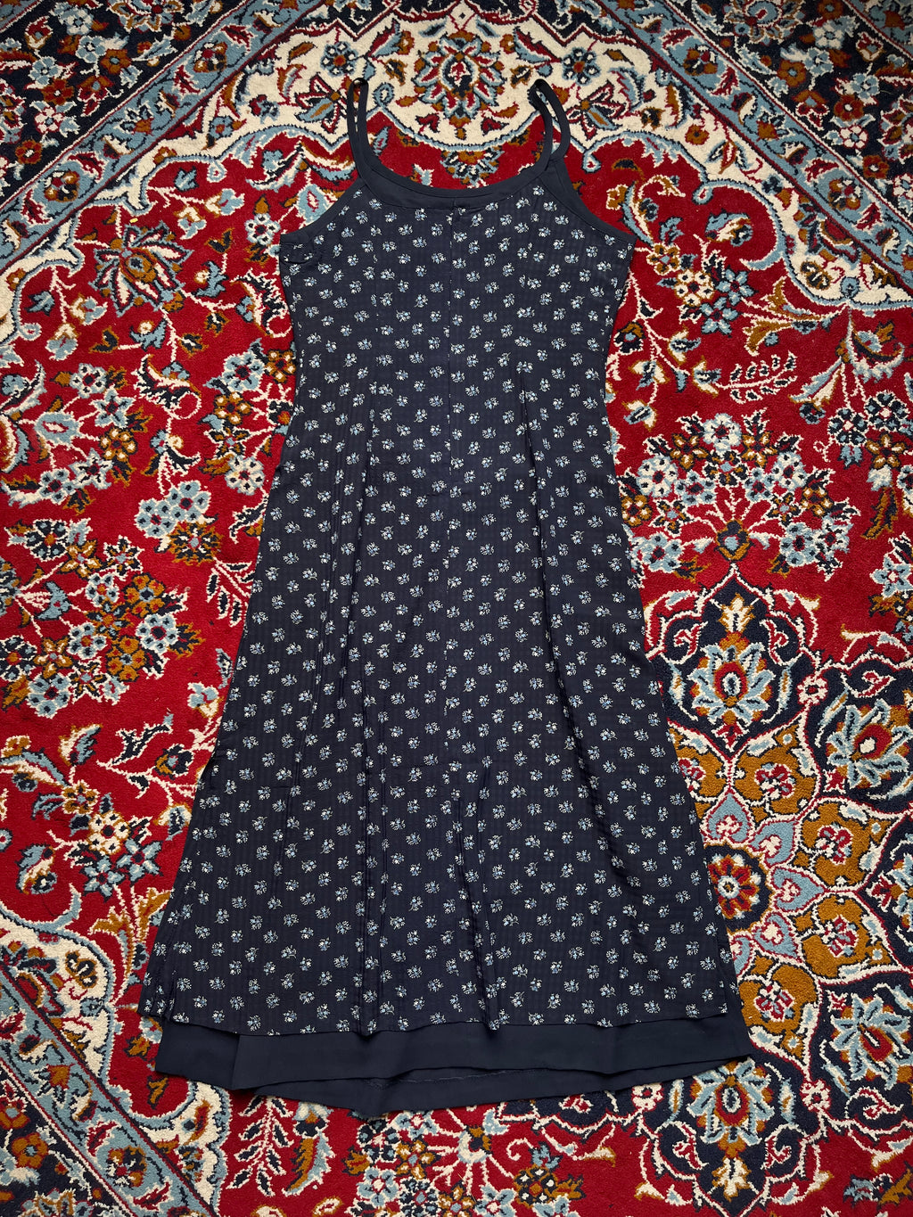 Vintage Japanese Floral Ditsy Print Layered Dark Navy Strap Cami Dress - M
