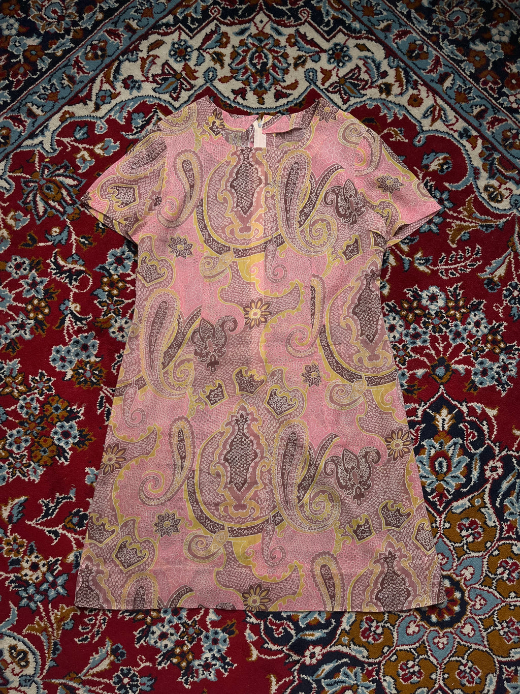 Vintage Pink Paisley Short Sleeve Dress - M