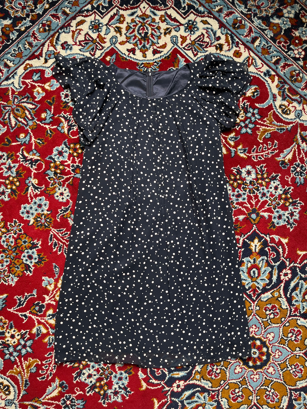Vintage Onward Kashiyama Polka Dot Shift Flutter Sleeve Navy Blue Dress - M