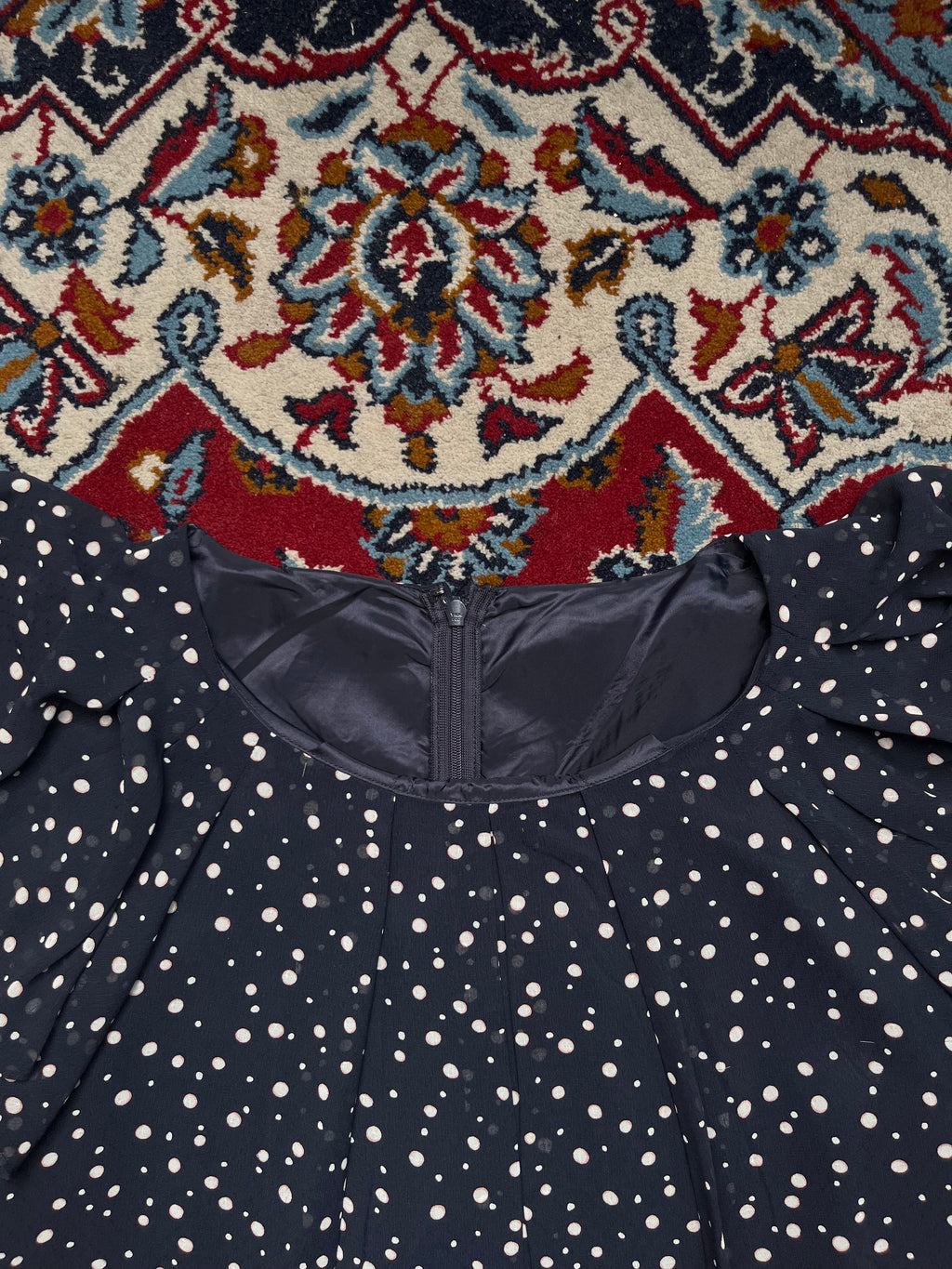 Vintage Onward Kashiyama Polka Dot Shift Flutter Sleeve Navy Blue Dress - M