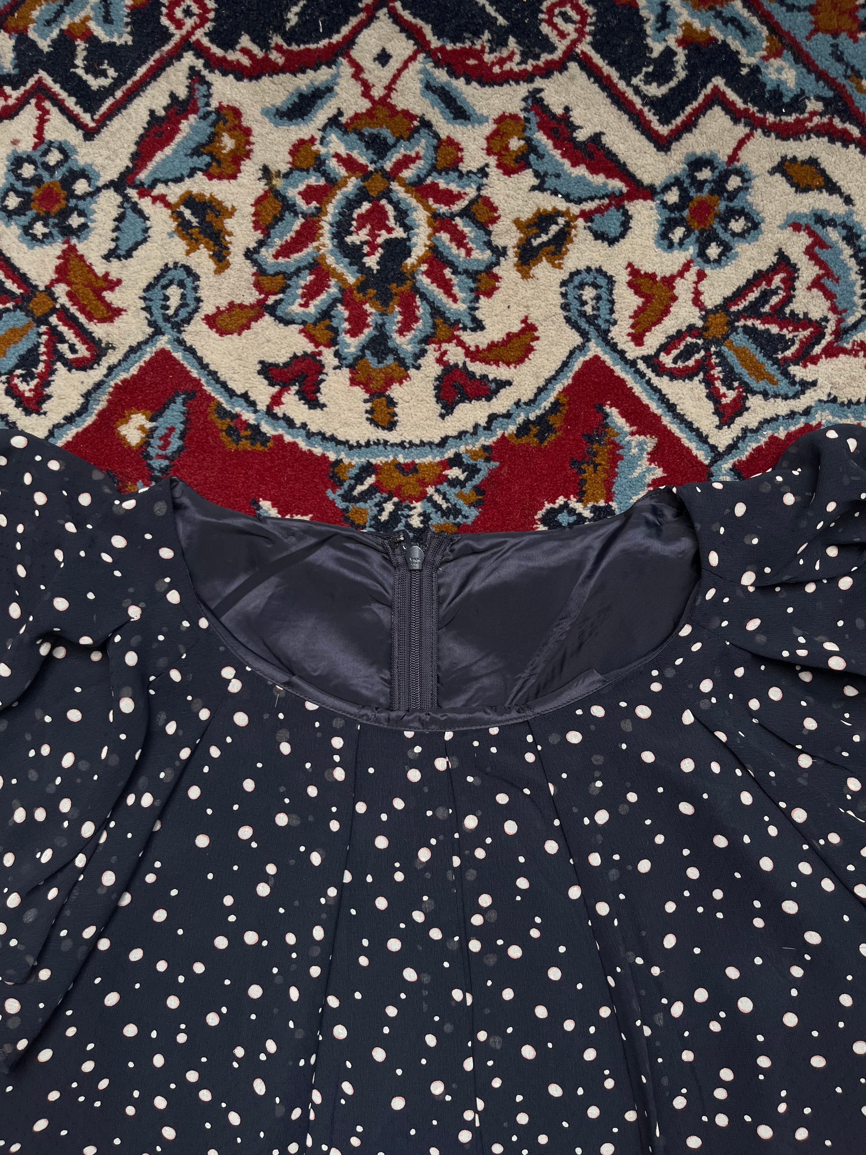 Vintage Onward Kashiyama Polka Dot Shift Flutter Sleeve Navy Blue Dress - M