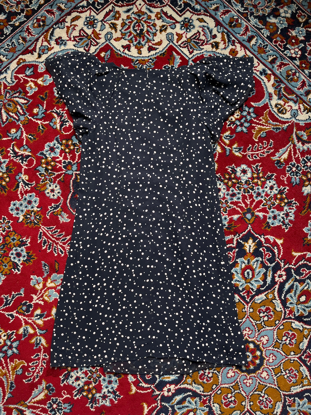 Vintage Onward Kashiyama Polka Dot Shift Flutter Sleeve Navy Blue Dress - M