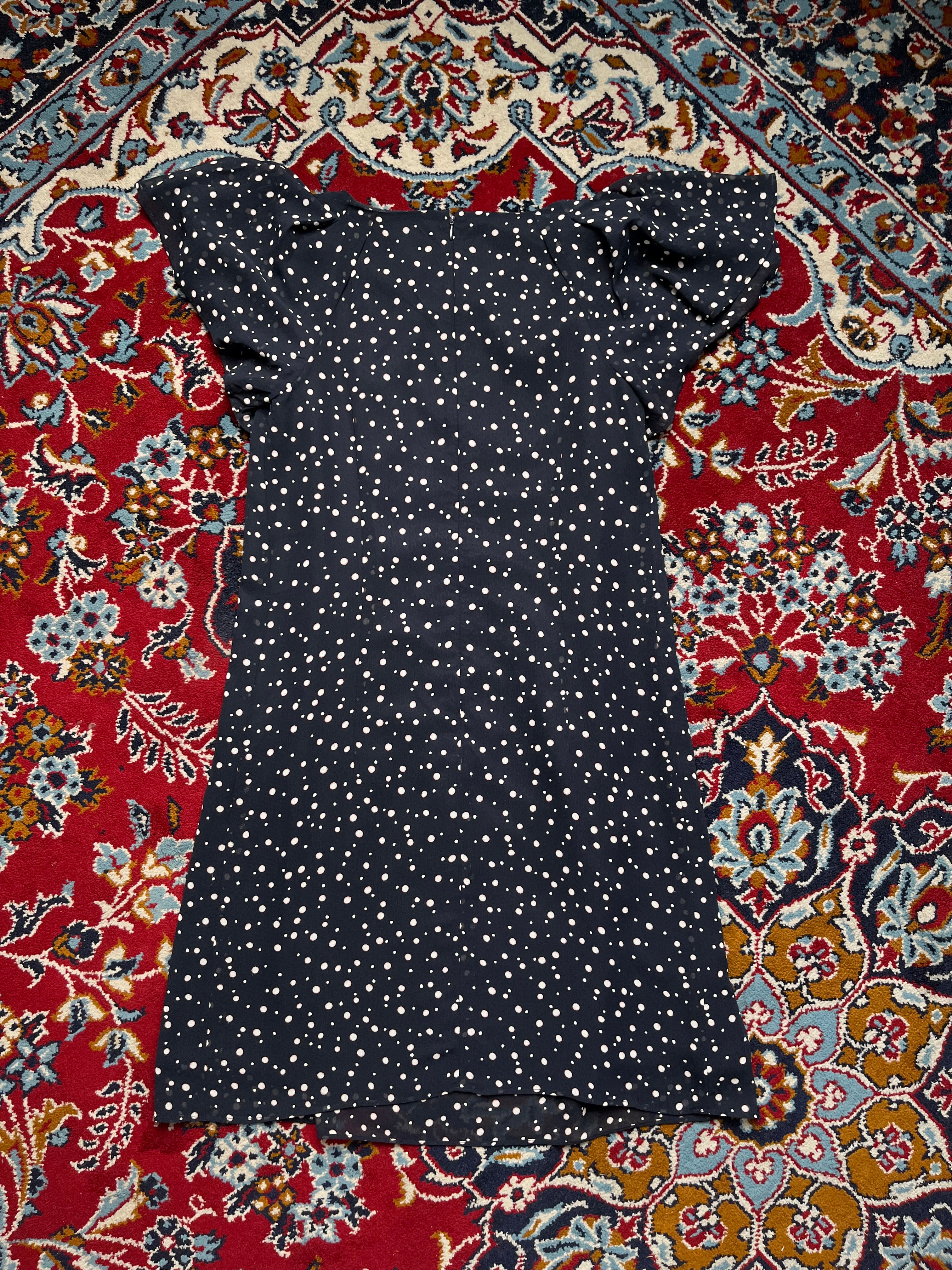 Vintage Onward Kashiyama Polka Dot Shift Flutter Sleeve Navy Blue Dress - M
