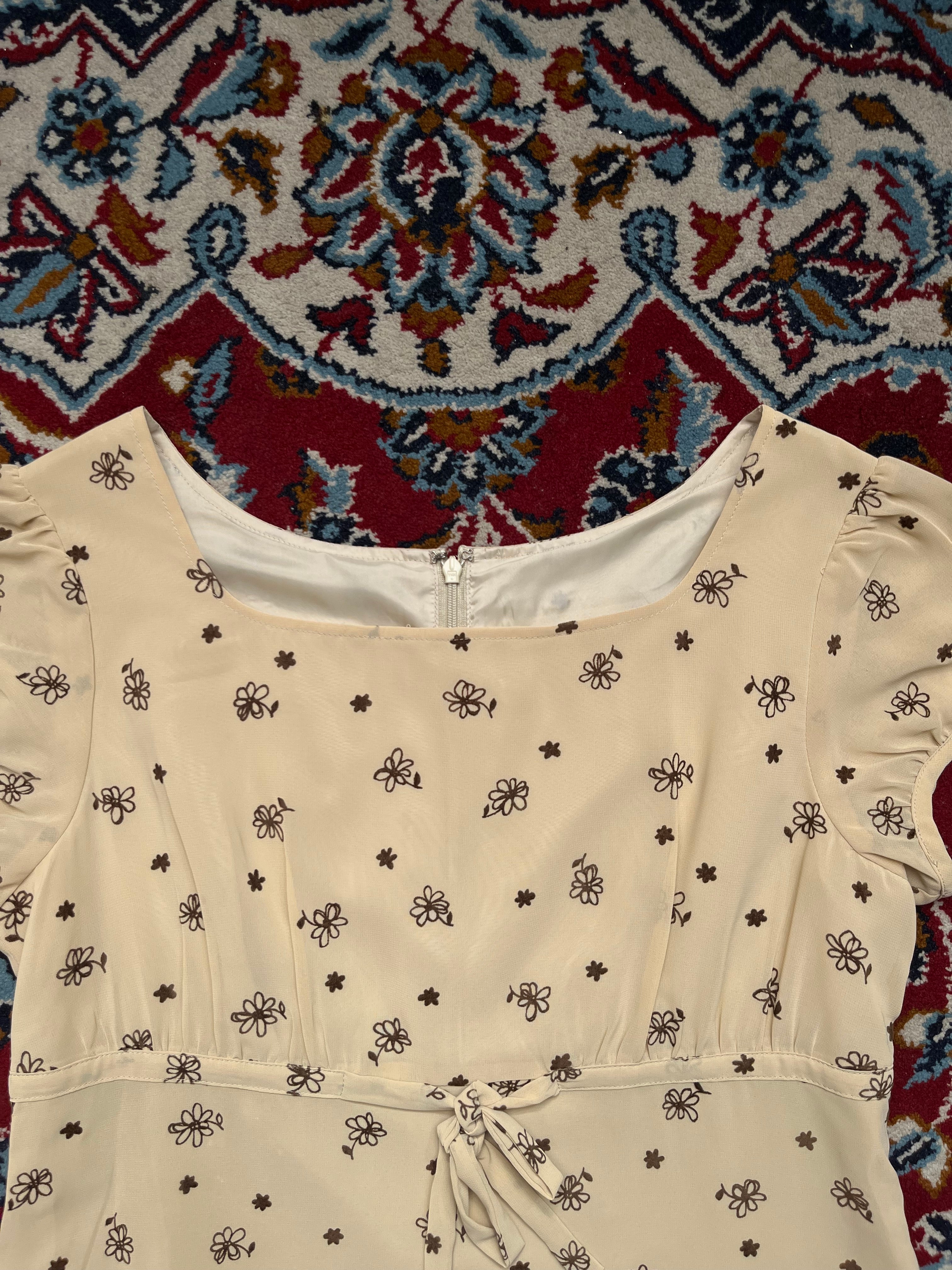 Vintage Japanese Floral Ditsy Beige Dress - M