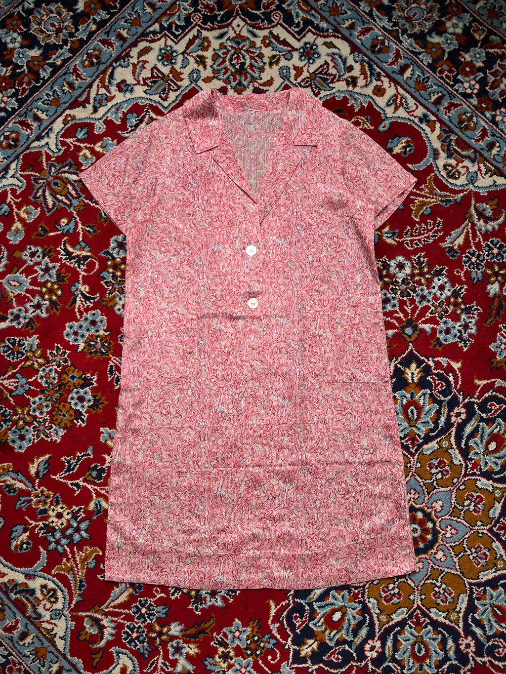 Vintage Marbled Feather Print Pink Camp Collar Dress - L