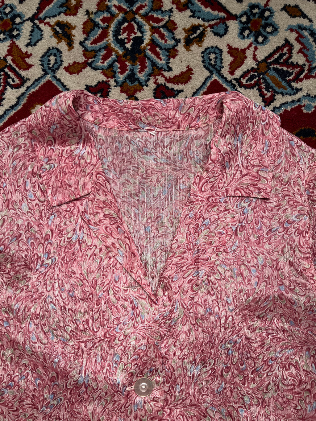 Vintage Marbled Feather Print Pink Camp Collar Dress - L