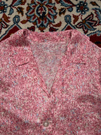 Vintage Marbled Feather Print Pink Camp Collar Dress - L