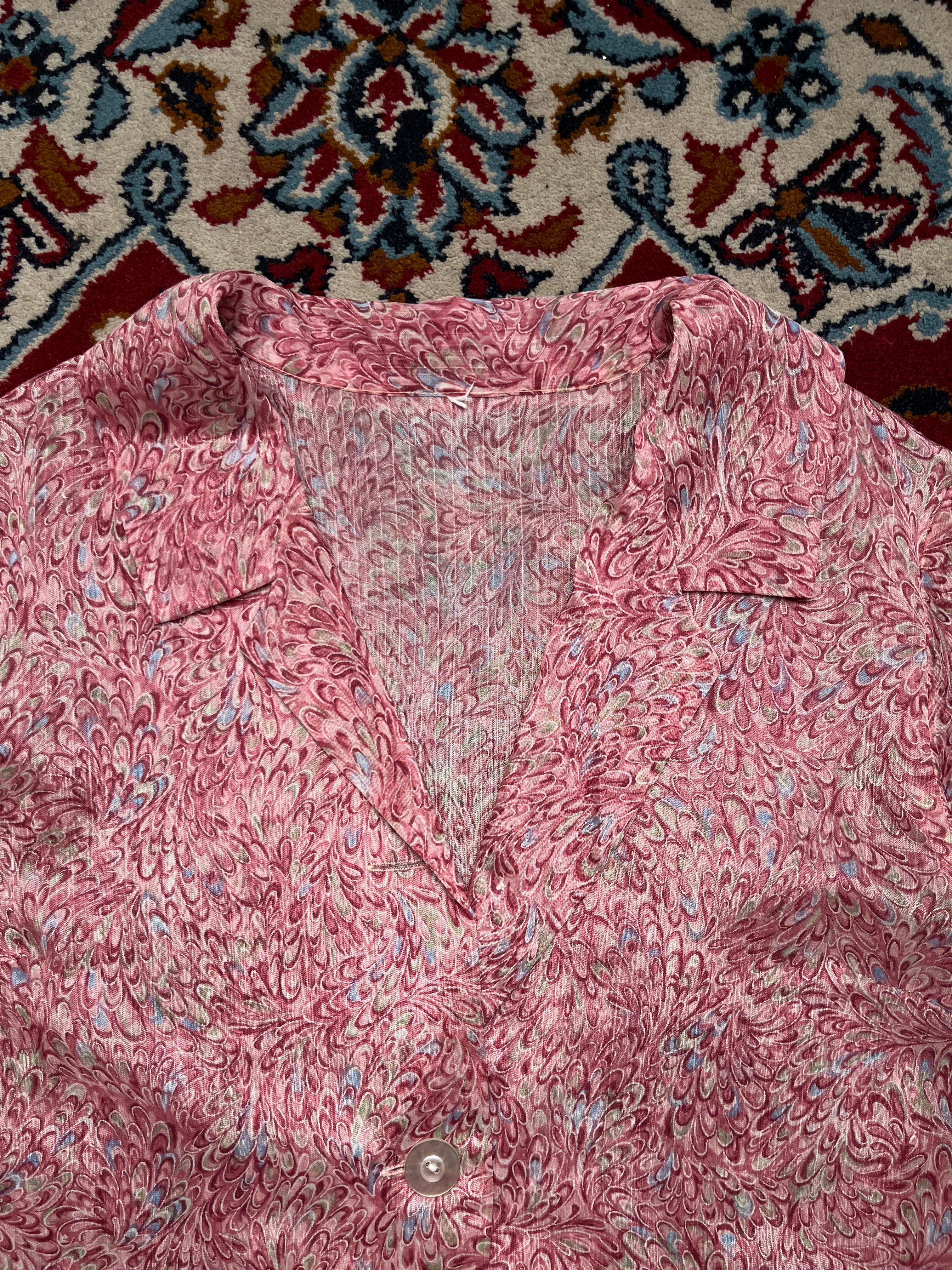 Vintage Marbled Feather Print Pink Camp Collar Dress - L