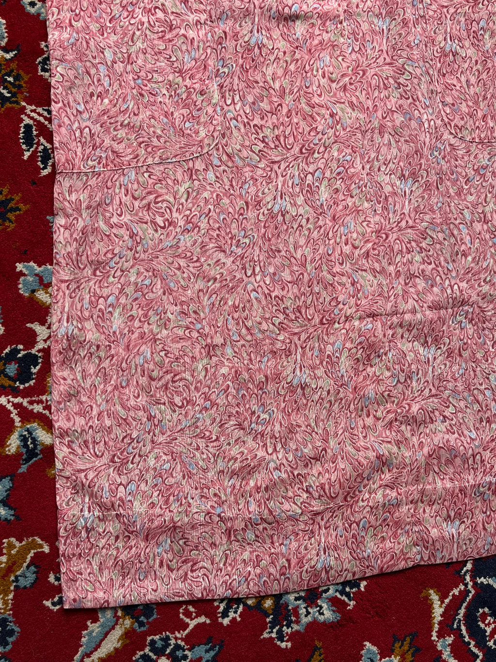 Vintage Marbled Feather Print Pink Camp Collar Dress - L