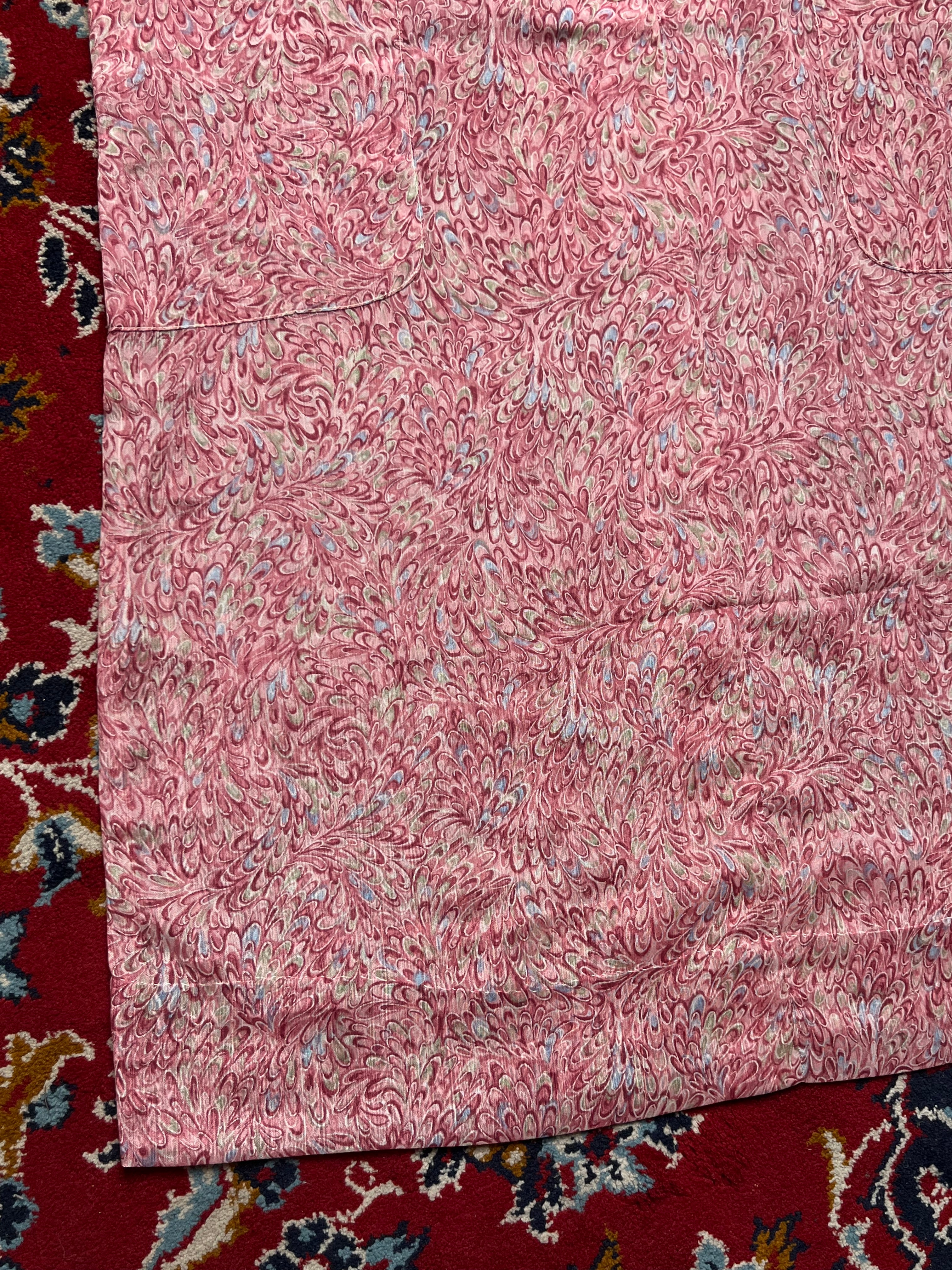 Vintage Marbled Feather Print Pink Camp Collar Dress - L
