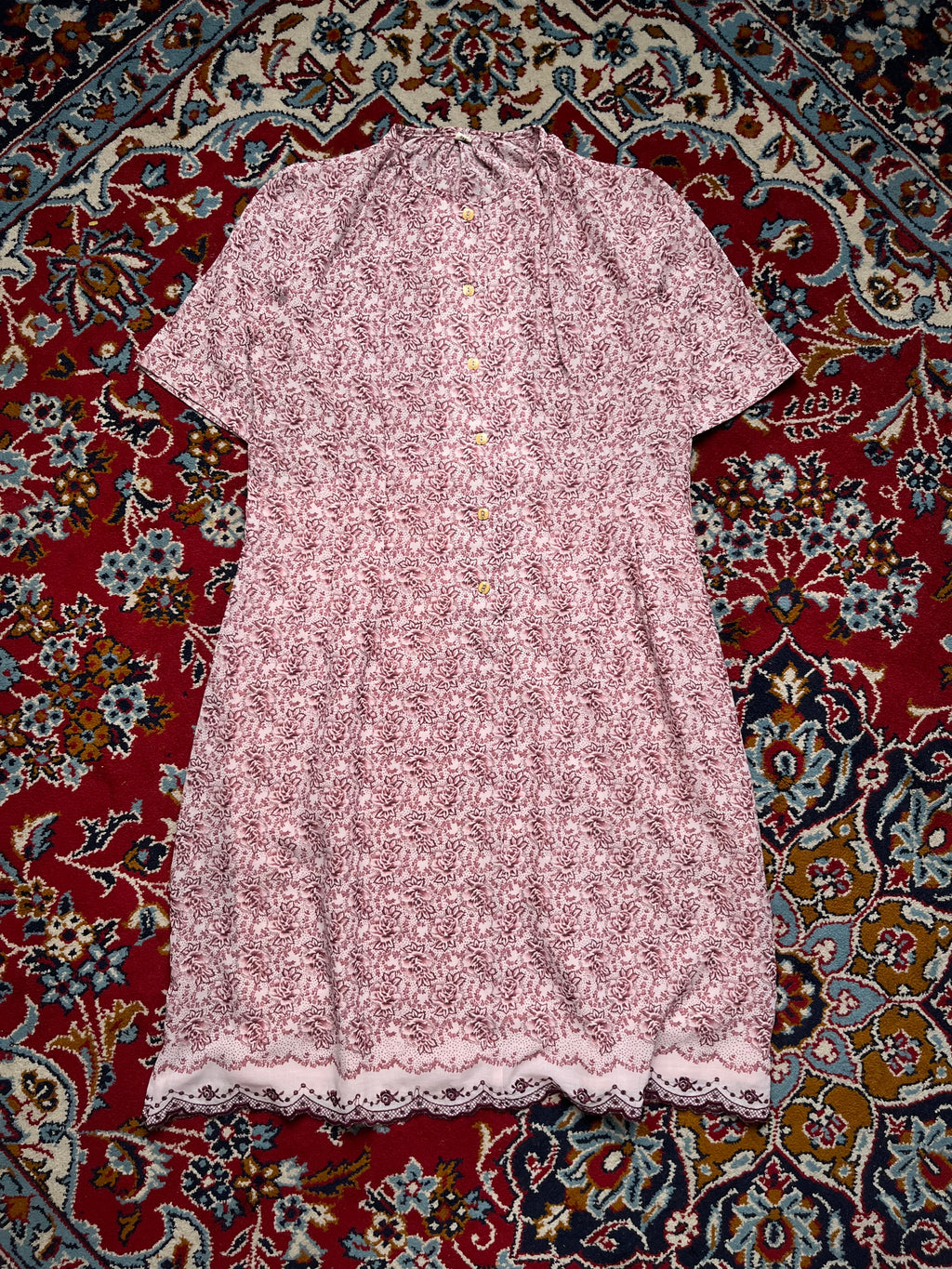 Vintage Floral Hem Pink Maroon Short Sleeve Dress - M