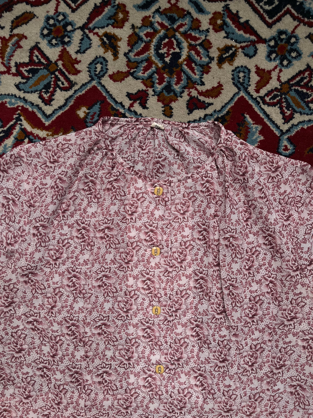 Vintage Floral Hem Pink Maroon Short Sleeve Dress - M