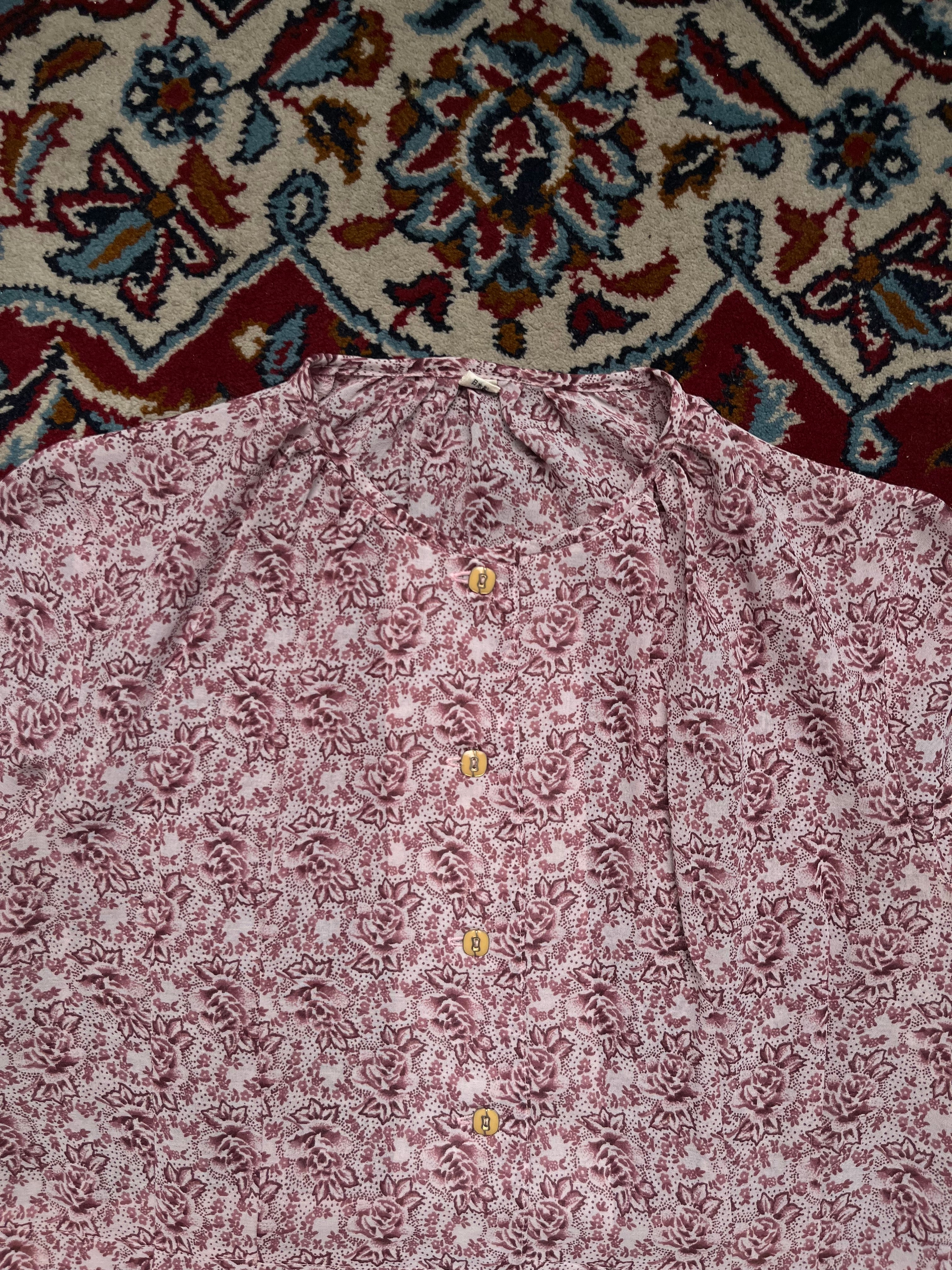 Vintage Floral Hem Pink Maroon Short Sleeve Dress - M