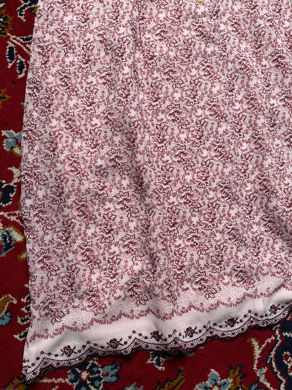 Vintage Floral Hem Pink Maroon Short Sleeve Dress - M