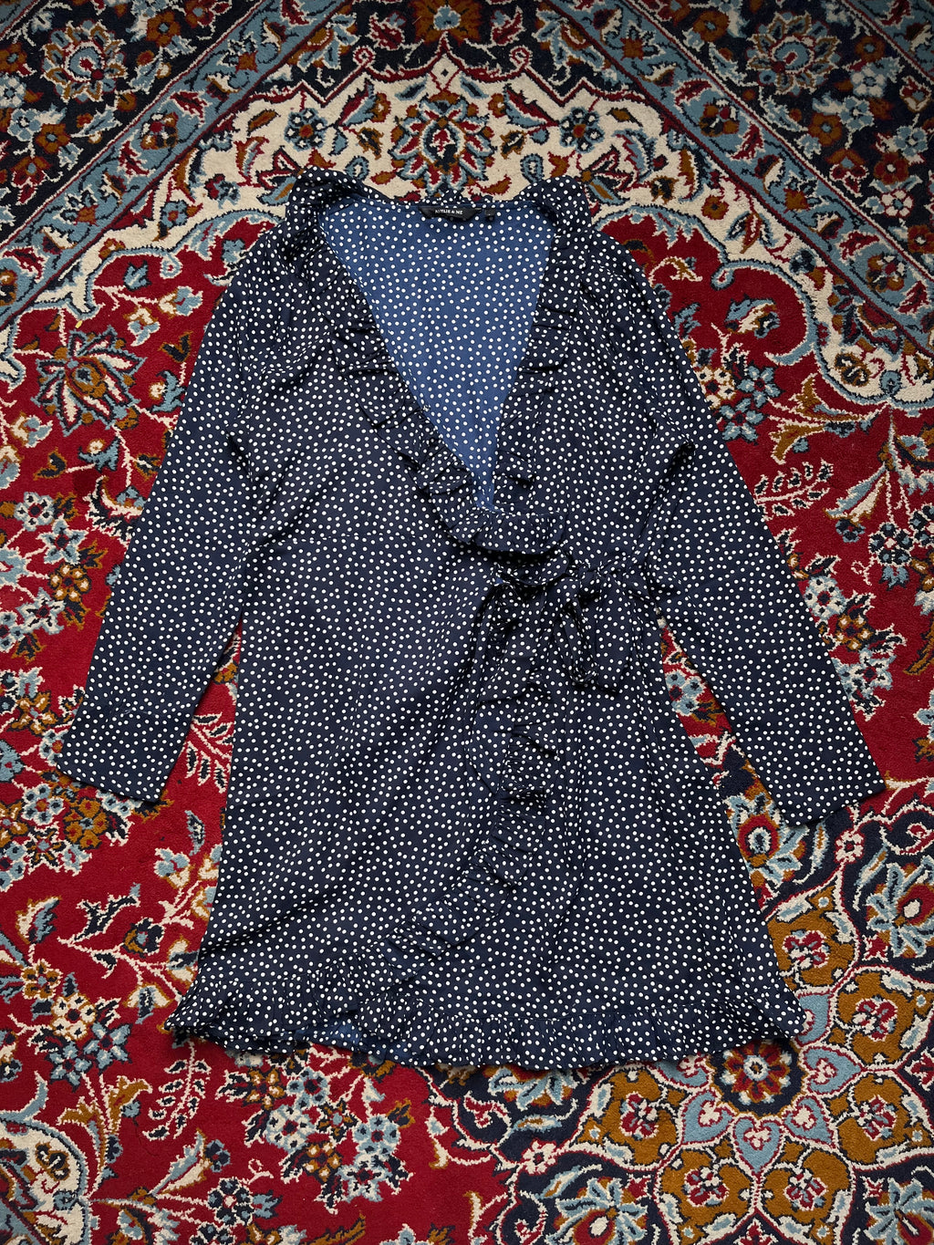 Amelie & Me Navy Polka Dot Ruffle Wrap Dress - L