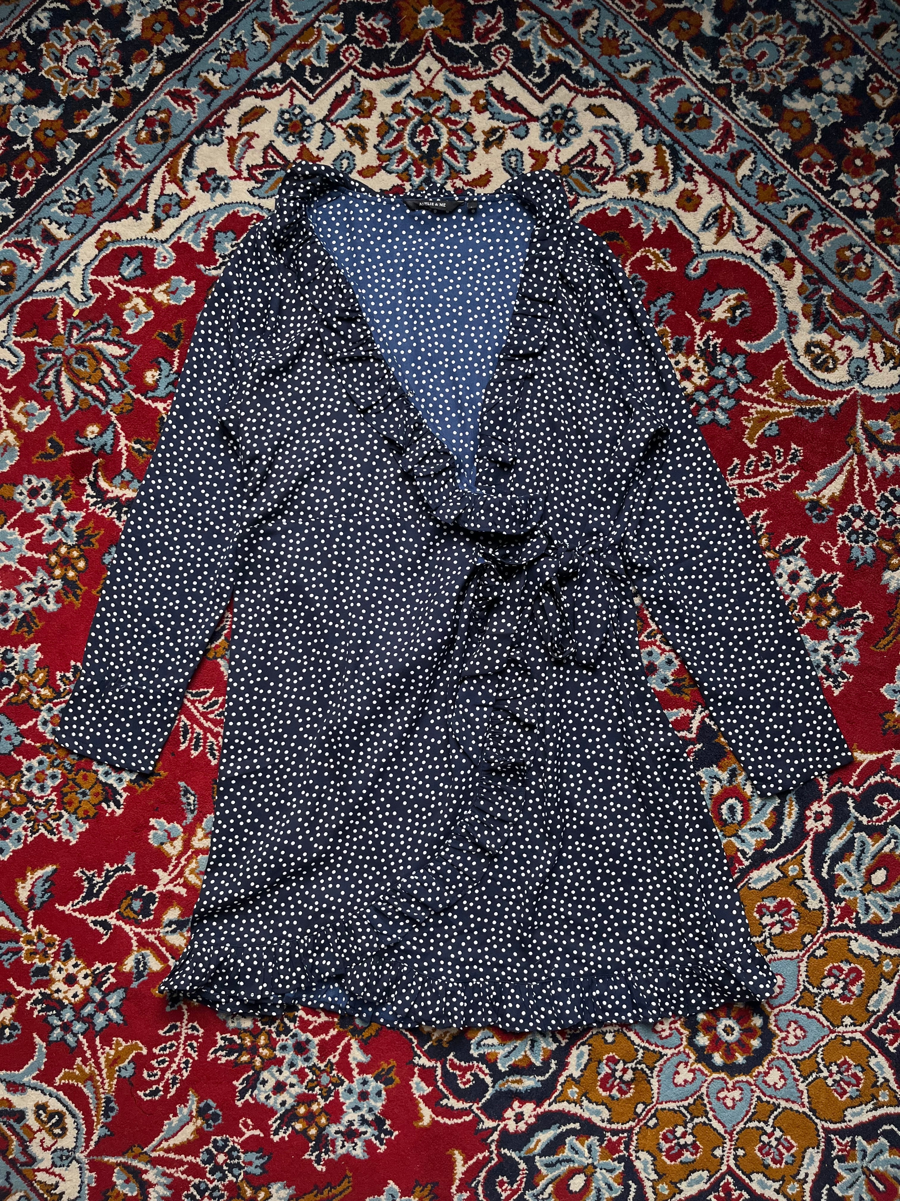 Amelie & Me Navy Polka Dot Ruffle Wrap Dress - L