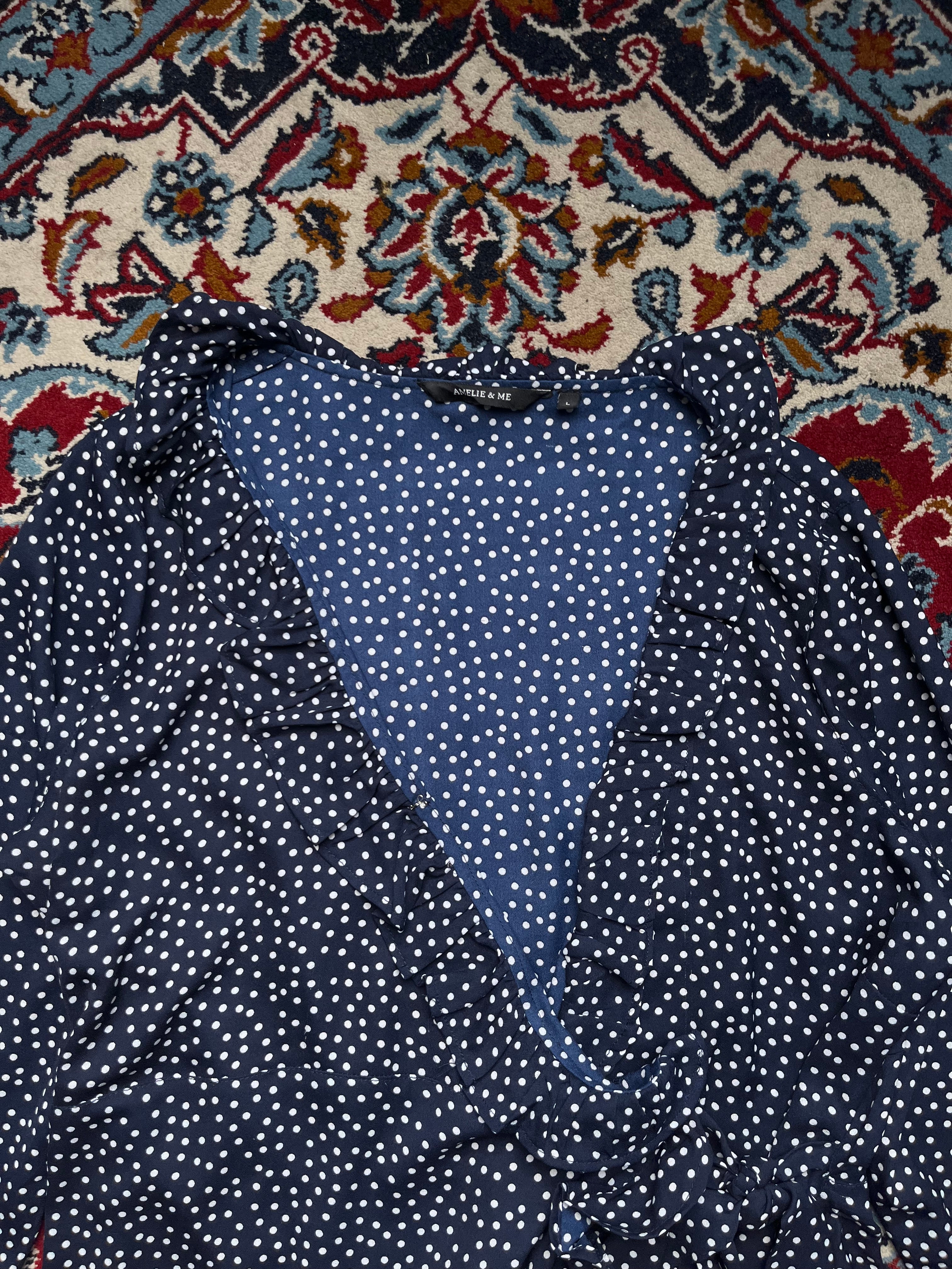 Amelie & Me Navy Polka Dot Ruffle Wrap Dress - L