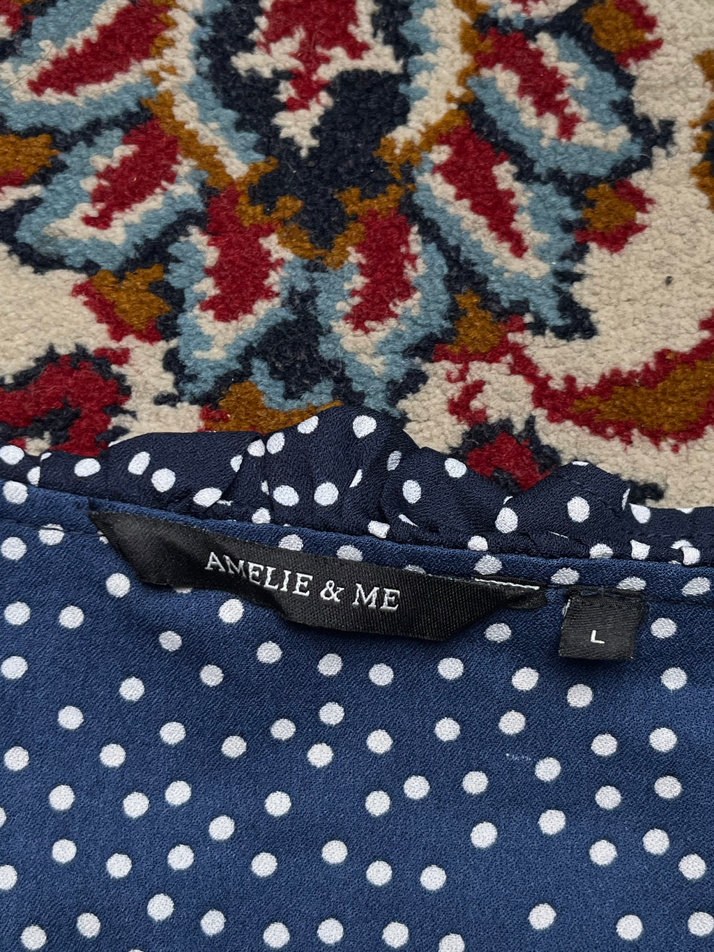 Amelie & Me Navy Polka Dot Ruffle Wrap Dress - L