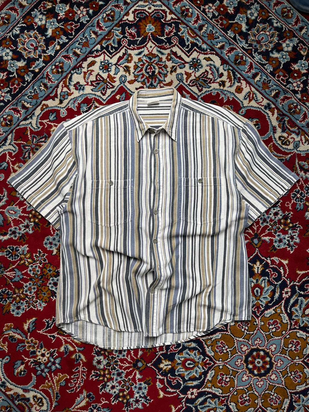 Aquarello Vintage Vertical Striped Textured Cotton Button Down Shirt - XL