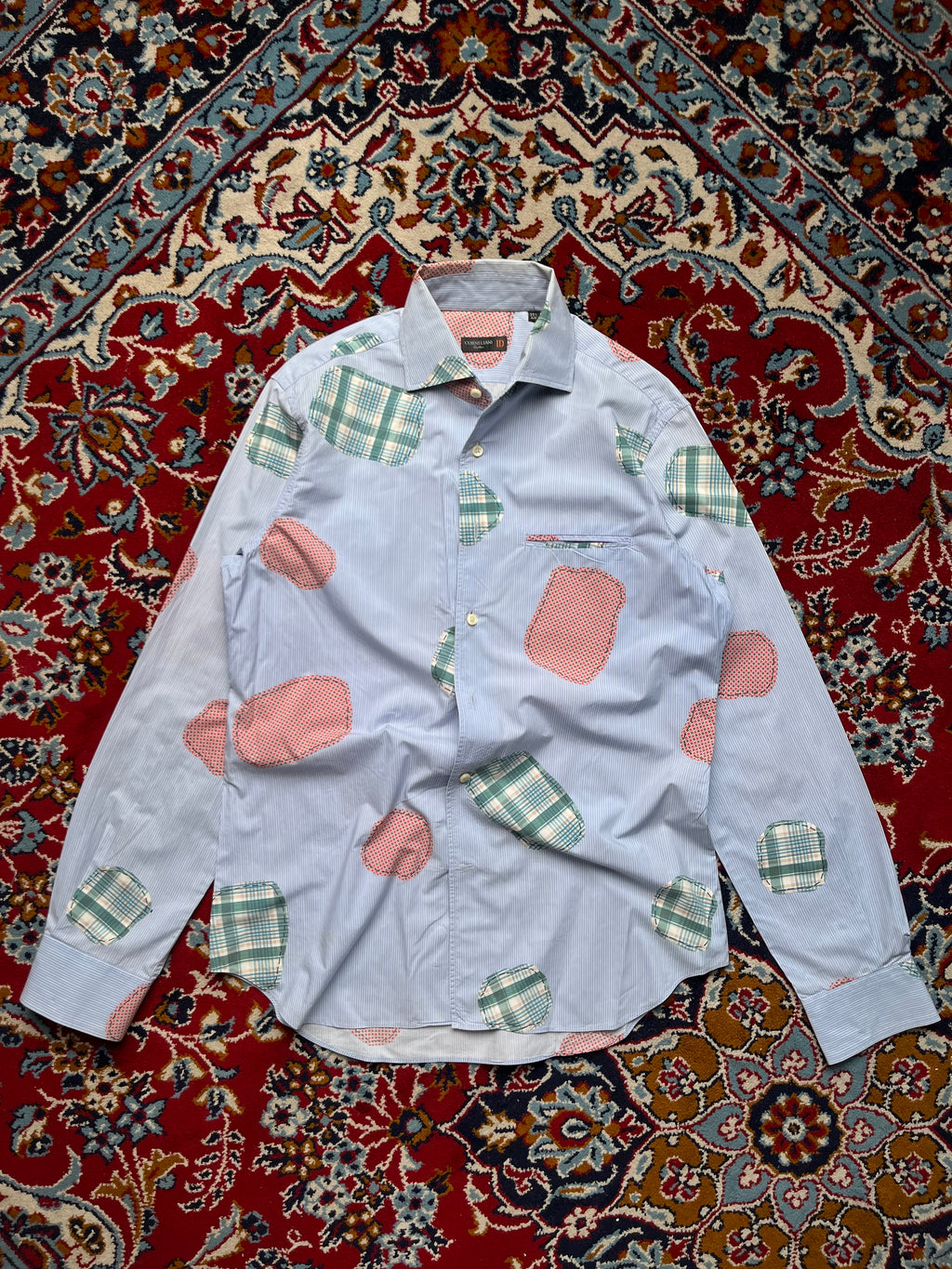 Corneliani ID Blue Stripe Patchwork Cotton Button Down Shirt - L