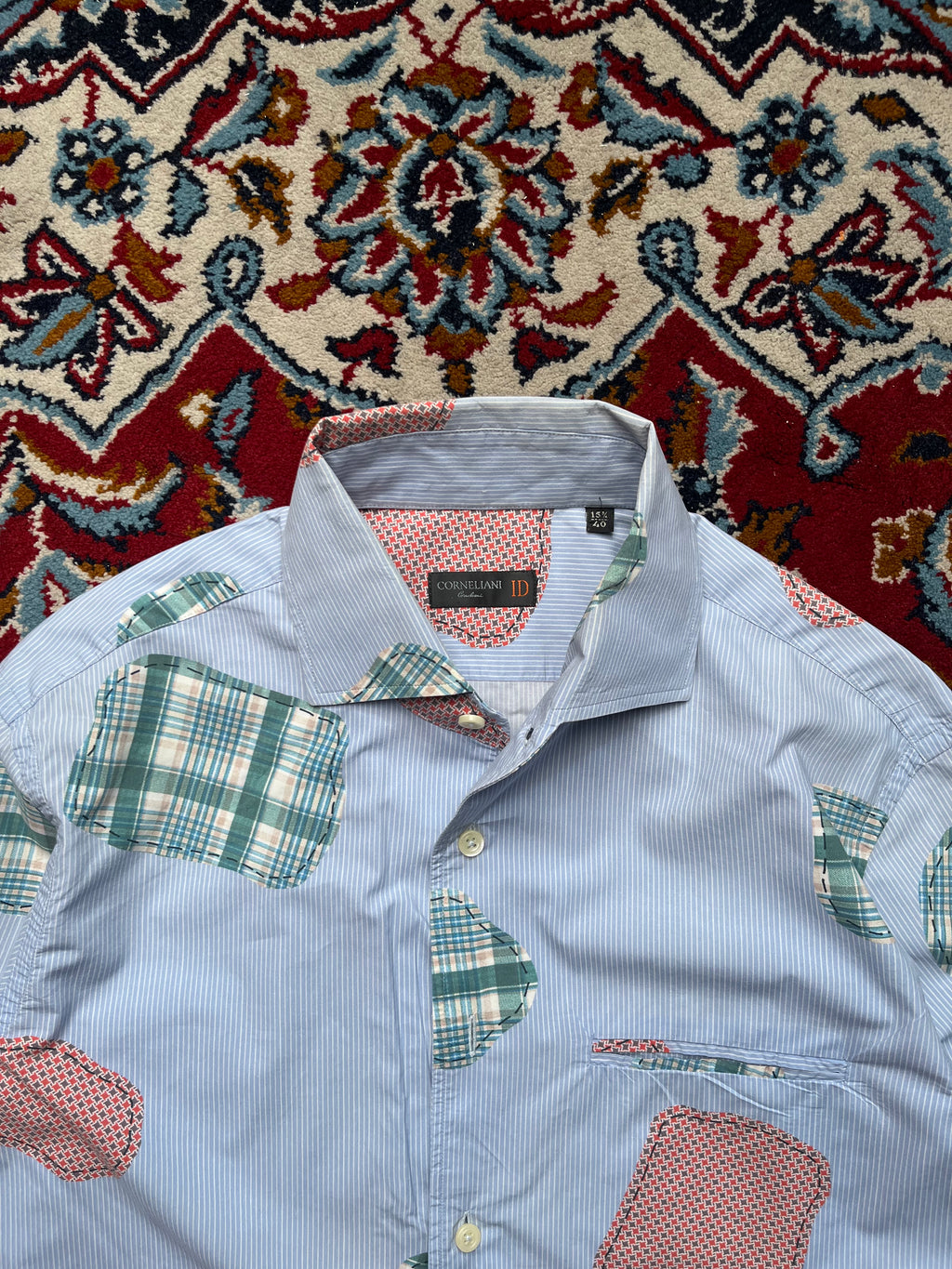 Corneliani ID Blue Stripe Patchwork Cotton Button Down Shirt - L