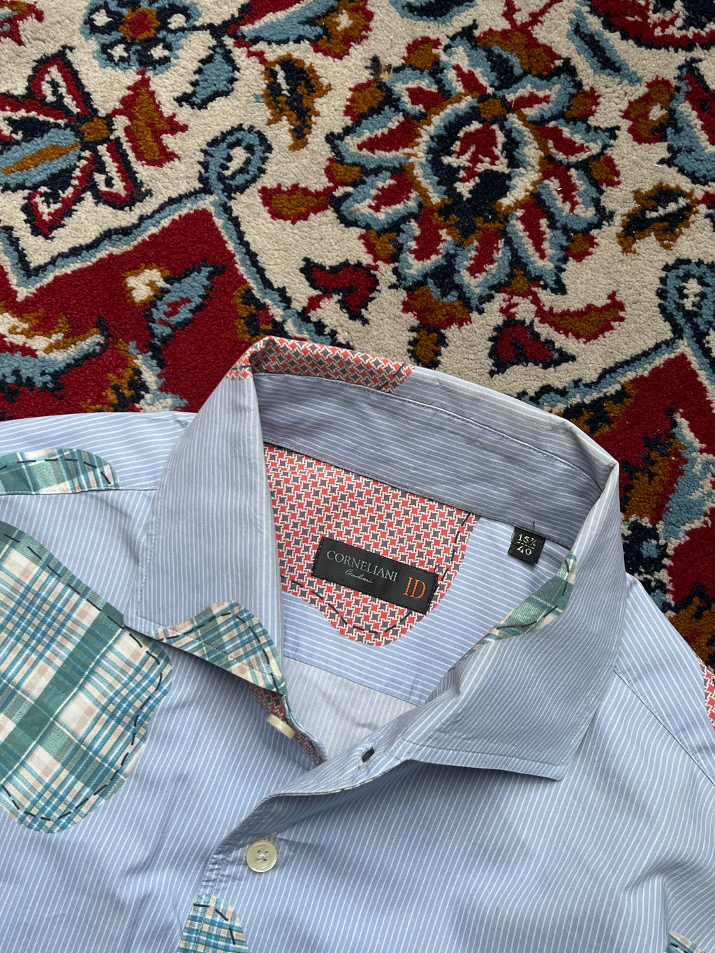 Corneliani ID Blue Stripe Patchwork Cotton Button Down Shirt - L