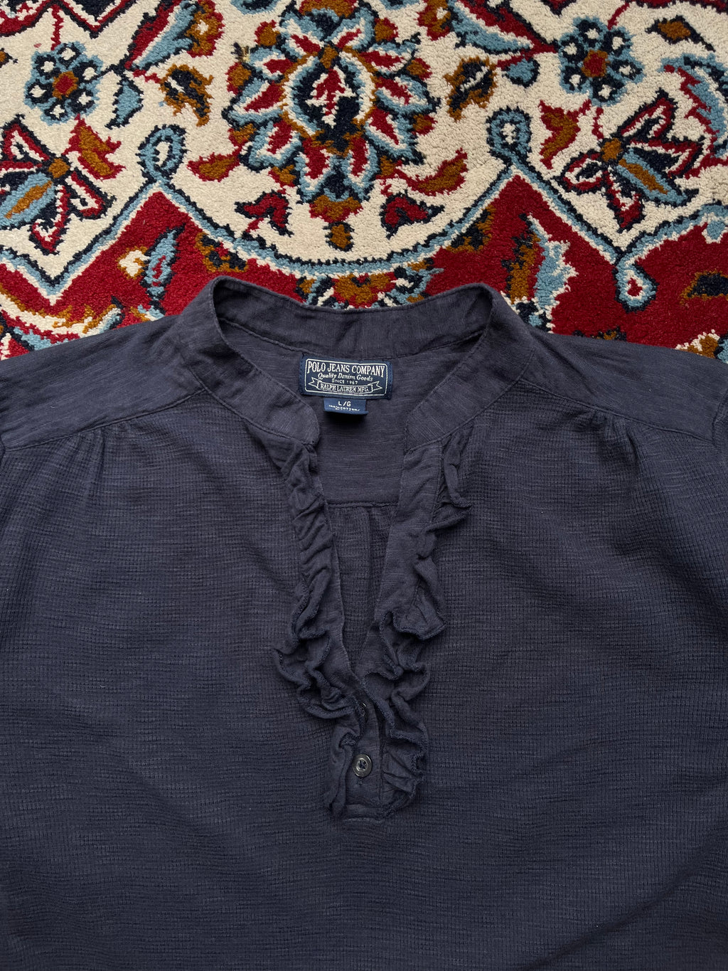 Vintage Polo Jeans Co. Ralph Lauren Navy Ruffle Henley Shirt - L