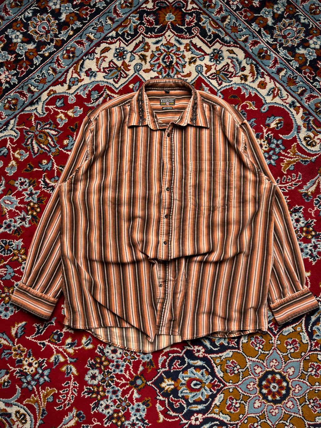 Barisal Modern Classics Embroidered Collar Striped Corduroy Button Down Shirt - L