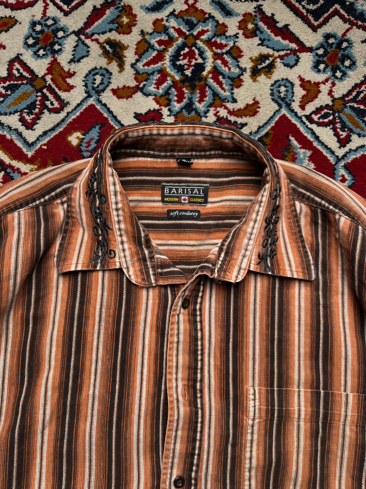 Barisal Modern Classics Embroidered Collar Striped Corduroy Button Down Shirt - L