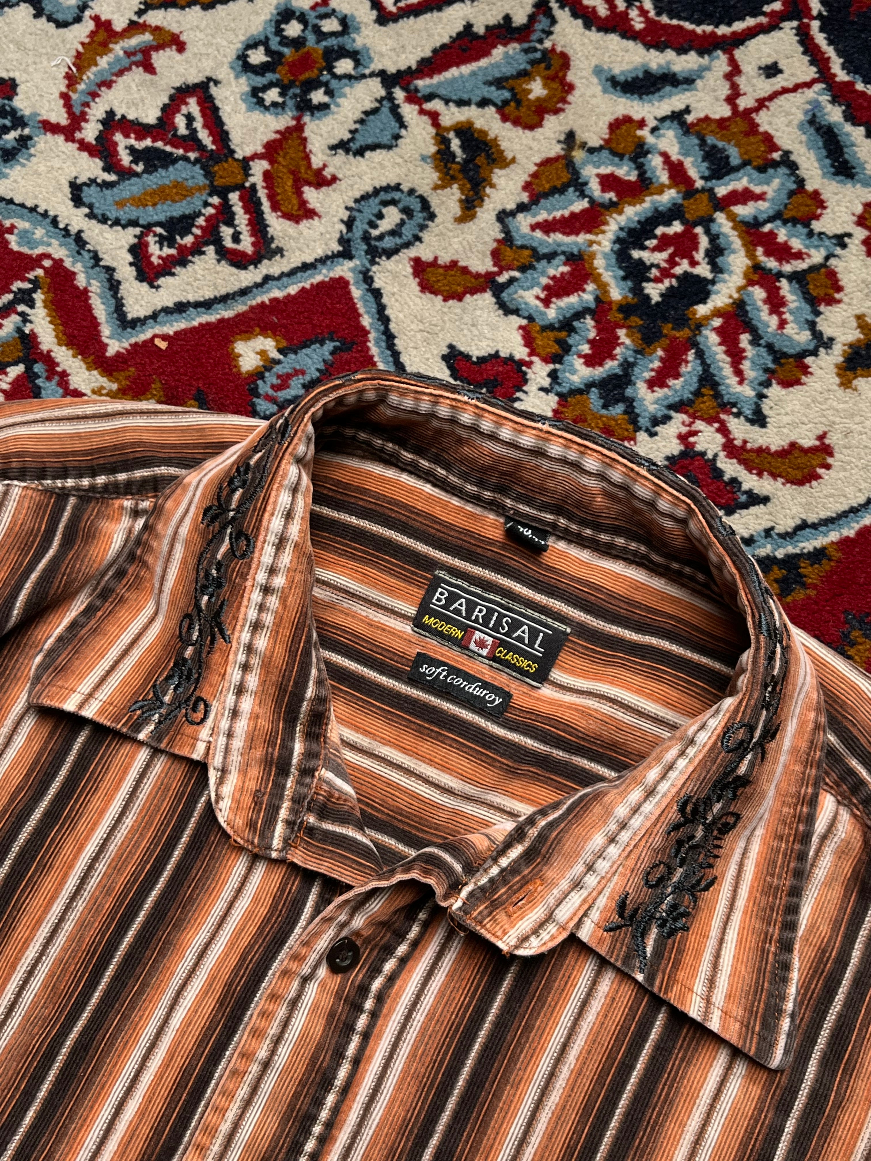 Barisal Modern Classics Embroidered Collar Striped Corduroy Button Down Shirt - L