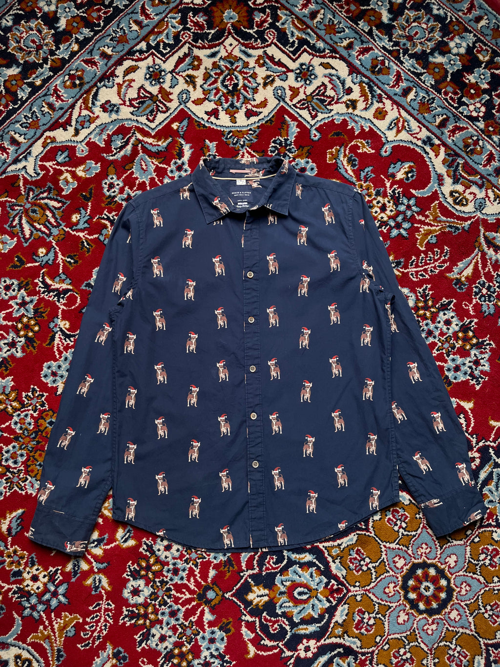 Denim & Flower Ricky Singh Navy Blue Christmas Santa Button Down Shirt - M