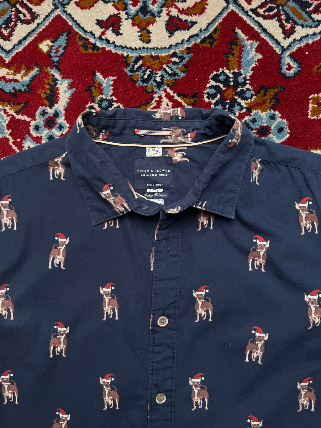 Denim & Flower Ricky Singh Navy Blue Christmas Santa Button Down Shirt - M