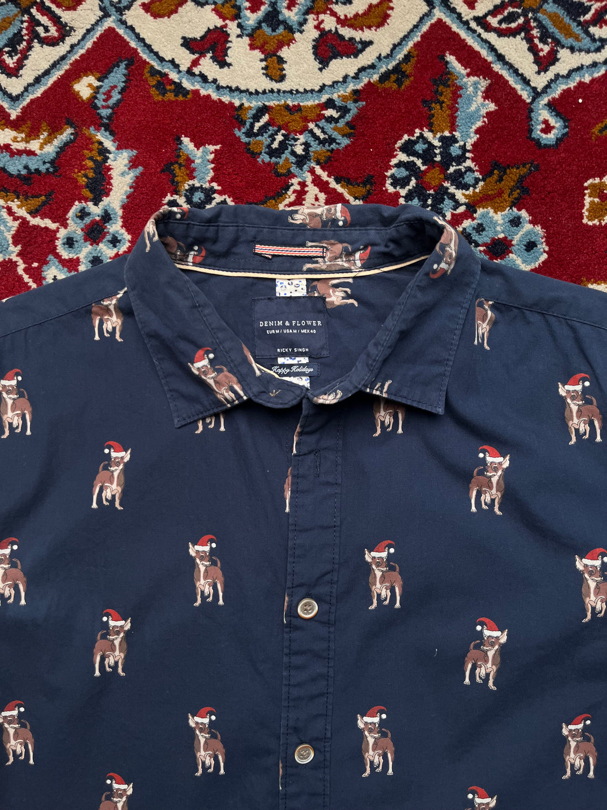 Denim & Flower Ricky Singh Navy Blue Christmas Santa Button Down Shirt - M