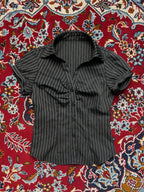 Womens Black Pinstripe Short Sleeve Ruched Button Down Shirt - XS