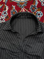 Womens Black Pinstripe Short Sleeve Ruched Button Down Shirt - XS