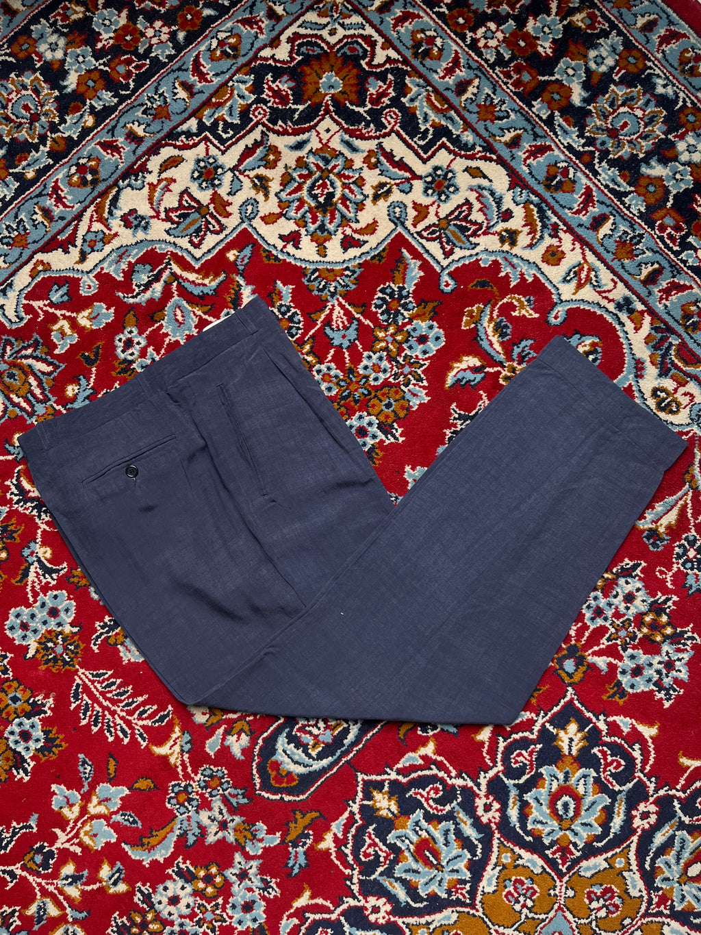 Mens Navy Blue Pleated Linen Blend Dress Pants - 32