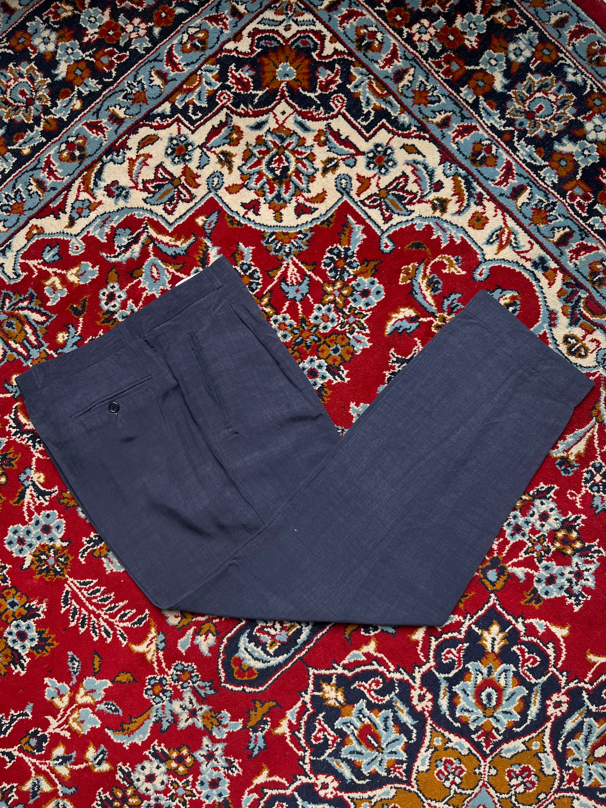 Mens Navy Blue Pleated Linen Blend Dress Pants - 32