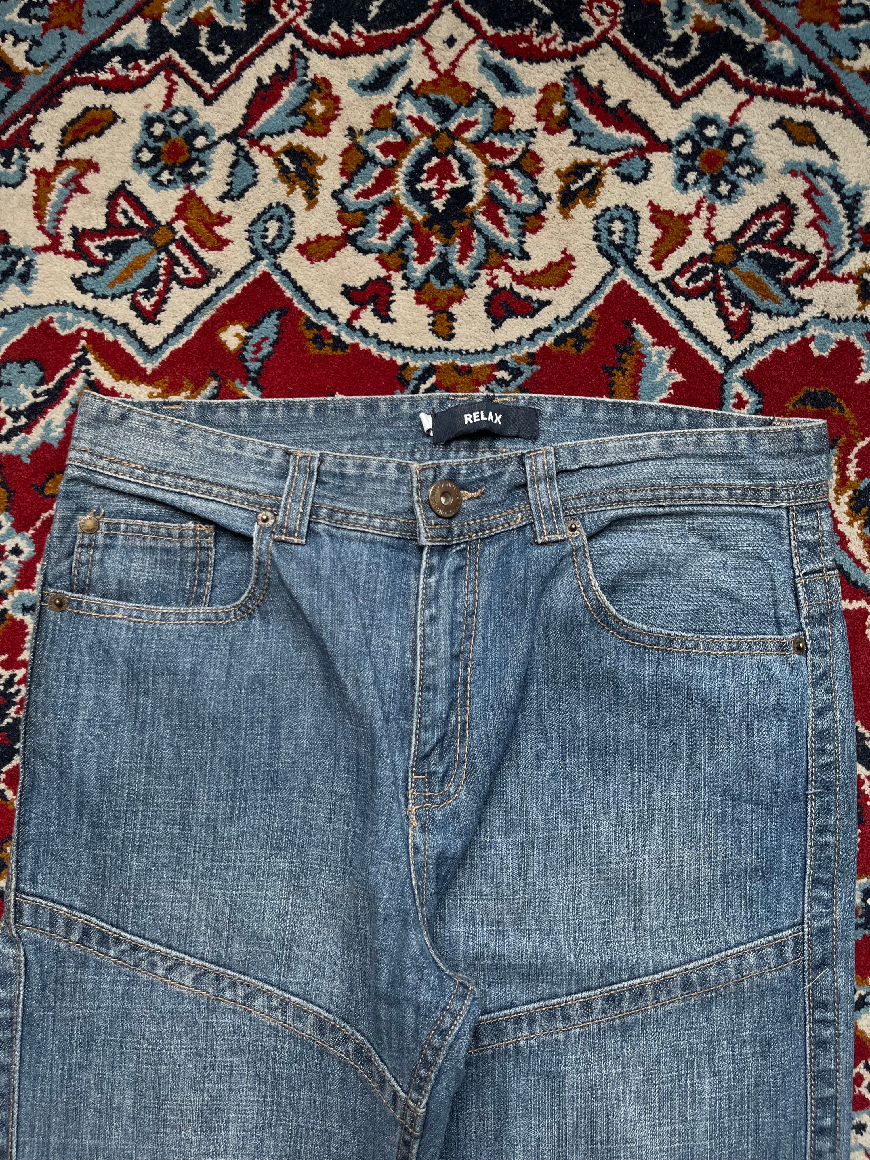 Vintage Relaxed Fit Panelled Knee Biker Blue Jeans - 30